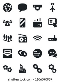 Set of vector isolated black icon - plane radar vector, mobile phone, gear, team, radio, dialog, chain, message, mail, network, wireless, router, web camera, home control app