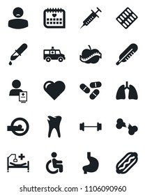 Set of vector isolated black icon - heart vector, syringe, dropper, thermometer, pills, blister, tomography, ambulance car, barbell, hospital bed, disabled, stomach, lungs, caries, broken bone, diet
