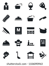 Set of vector isolated black icon - waiter vector, dish, alcohol, menu, reception, bacon, egg stand, dress code, alcove, restaurant receipt, chicken, ham, ladle, rolling pin, knife, steaming pan