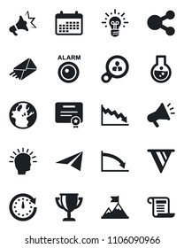 Set of vector isolated black icon - alarm led vector, consumer search, shining head, motivation, clock, pennon, earth, crisis, idea, calendar, flask, paper plane, social media, certificate, mail