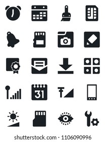 Set of vector isolated black icon - mobile vector, themes, alarm, bell, mail, sd, sim, calendar, notes, download, brightness, eye id, photo gallery, cellular signal, application, sertificate