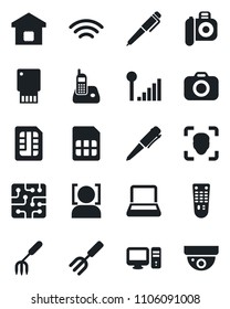 Set of vector isolated black icon - pen vector, garden fork, camera, remote control, radio phone, sim, wireless, face id, cellular signal, notebook pc, smart home, chip, usb flash, surveillance