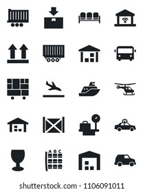 Set of vector isolated black icon - arrival vector, airport bus, waiting area, alarm car, helicopter, seat map, luggage scales, sea shipping, truck trailer, container, consolidated cargo, fragile