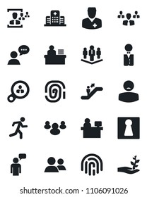 Set of vector isolated black icon - escalator vector, female, speaking man, manager place, run, hospital, doctor, patient, speaker, group, fingerprint id, hr, desk, company, waiter, consumer search