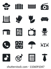 Set of vector isolated black icon - cafe vector, phone, office chair, abacus, desk, fence, glove, cargo container, umbrella, tulip, radio, tv, music, cushioned furniture, dress code, chip, tie