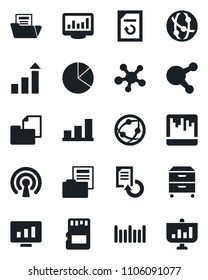 Set of vector isolated black icon - growth statistic vector, monitor, document reload, folder, barcode, network, share, scanner, sd, statistics, bar graph, pie, archive box, wireless, presentation