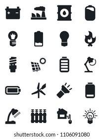 Set of vector isolated black icon - bulb vector, factory, fire, oil barrel, battery, low, torch, desk lamp, sun panel, home control, radiator, energy saving, windmill, idea