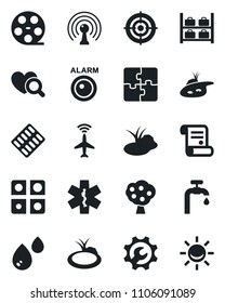 Set of vector isolated black icon - plane radar vector, luggage storage, contract, pond, heart diagnostic, pills blister, ambulance star, reel, antenna, application, root setup, target, water supply