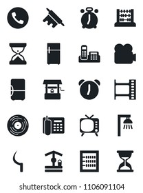 Set of vector isolated black icon - alarm clock vector, phone, abacus, well, sickle, film frame, vinyl, tv, video camera, office, rolling pin, outdoor lamp, fridge, sand