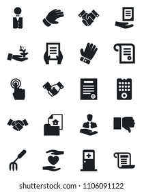 Set of vector isolated black icon - medical room vector, handshake, document, garden fork, glove, heart hand, client, touch screen, finger down, contract, estate, waiter, remote control