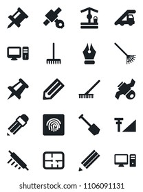 Set of vector isolated black icon - ladder car vector, drawing pin, job, pencil, rake, well, satellite, fingerprint id, cellular signal, ink pen, plan, rolling, pc