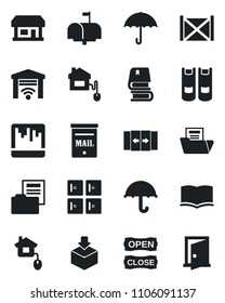 Set of vector isolated black icon - automatic door vector, checkroom, book, store, container, umbrella, package, scanner, document folder, mailbox, open close, home control, garage gate