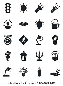 Set of vector isolated black icon - bulb vector, sun, garden light, eye, traffic, torch, desk lamp, beer, candle, smoke detector, energy saving, alarm led, shining head, idea, palm sproute