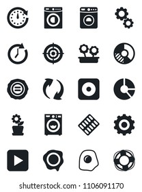Set of vector isolated black icon - washer vector, gear, circle chart, stamp, pills blister, play button, rec, update, target, flower in pot, omelette, clock, crisis management
