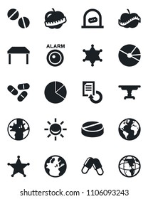 Set of vector isolated black icon - ticket office vector, document reload, pills, diet, earth, pie graph, table, police, alarm led