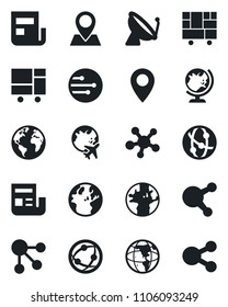 Set of vector isolated black icon - satellite antenna vector, globe, plane, earth, pin, consolidated cargo, network, share, news, social media