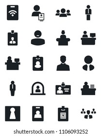 Set of vector isolated black icon - female vector, reception, manager, identity card, place, patient, user, desk, estate agent, pass, group
