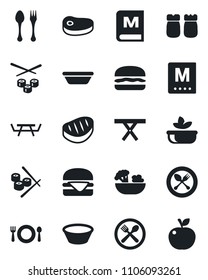 Set of vector isolated black icon - spoon and fork vector, picnic table, cafe, menu, salad, salt pepper, steak, hamburger, bowl, sushi, apple fruit