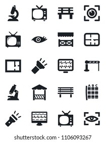 Set of vector isolated black icon - barrier vector, tv, seat map, bench, monitor pulse, microscope, eye, torch, plan, alcove, scan