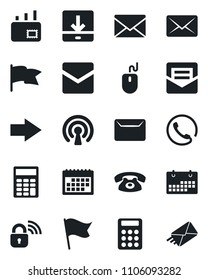 Set of vector isolated black icon - right arrow vector, mail, mouse, download, calendar, calculator, phone, wireless lock, flag