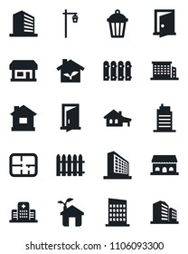 Set of vector isolated black icon - office building vector, fence, house, garden light, hospital, store, with garage, plan, city, cafe, eco, door
