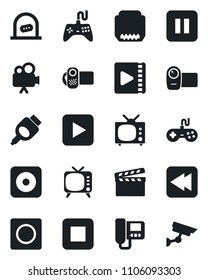 Set of vector isolated black icon - ticket office vector, clapboard, tv, gamepad, video camera, play button, pause, stop, rewind, rec, hdmi, record, intercome, surveillance