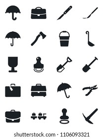 Set of vector isolated black icon - suitcase vector, umbrella, stamp, baggage larry, shovel, bucket, pruner, axe, scalpel, fragile, case, ladle, hard work