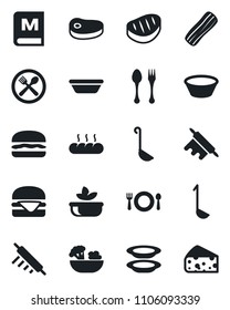 Set of vector isolated black icon - spoon and fork vector, cafe, menu, salad, plates, bacon, bread, steak, hamburger, ladle, bowl, rolling pin, cheese