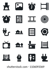 Set of vector isolated black icon - elevator vector, alarm clock, abacus, stamp, fireplace, film frame, vinyl, gallery, ink pen, house with tree, tv, power plug