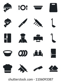 Set of vector isolated black icon - fridge vector, cook, restaurant table, cafe, hat, plates, waiter, salt and pepper, ladle, bowl, rolling pin, cutting board, knife, serviette