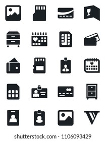 Set of vector isolated black icon - credit card vector, identity, medical calendar, gallery, sd, sim, archive box, wine, pass, wallet, pennon