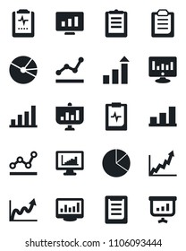 Set of vector isolated black icon - growth statistic vector, monitor, pulse clipboard, statistics, bar graph, pie, point, presentation
