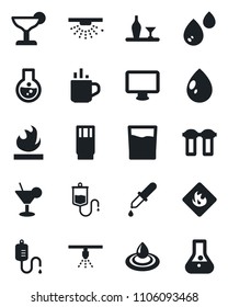 Set of vector isolated black icon - hot cup vector, water drop, dropper, flammable, monitor, alcohol, drink, cocktail, filter, sprinkler, flask