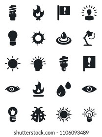 Set of vector isolated black icon - sun vector, bulb, lady bug, fire, eye, important flag, desk lamp, water, energy saving, shining head, idea