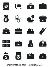 Set of vector isolated black icon - suitcase vector, baggage conveyor, trolley, luggage scales, checkroom, case, money bag, fertilizer, doctor, dropper