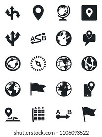 Set of vector isolated black icon - globe vector, seat map, route, navigation, earth, pin, mobile tracking, network, place tag, compass, flag