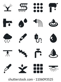 Set of vector isolated black icon - crisis graph vector, watering, water drop, rain, drip irrigation, dropper, menu, supply, sprinkler