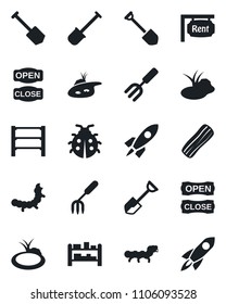 Set of vector isolated black icon - job vector, garden fork, shovel, lady bug, caterpillar, pond, rack, rent, bacon, open close, rocket