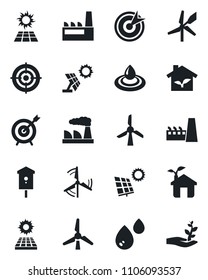 Set of vector isolated black icon - factory vector, bird house, target, sun panel, windmill, eco, water, palm sproute