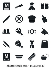 Set of vector isolated black icon - cook vector, cafe, hat, menu, bacon, salt and pepper, ham, bowl, rolling pin, cutting board, knife, steaming pan