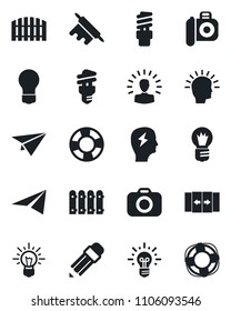 Set of vector isolated black icon - automatic door vector, brainstorm, bulb, camera, pencil, fence, rolling pin, energy saving, shining head, idea, paper plane, crisis management