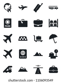Set of vector isolated black icon - plane vector, runway, taxi, suitcase, baggage trolley, airport bus, umbrella, passport, ladder car, luggage storage, scales, globe, mountains, case