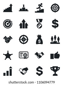 Set of vector isolated black icon - handshake vector, growth statistic, dollar sign, pedestal, medal, money bag, finger up, target, career ladder, police, arrow graph, certificate, award cup
