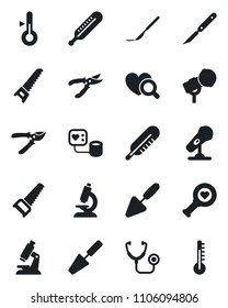Set of vector isolated black icon - trowel vector, pruner, saw, stethoscope, blood pressure, thermometer, heart diagnostic, microscope, scalpel, microphone