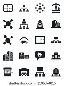 Set of vector isolated black icon - hierarchy vector, well, molecule, hospital, office building, garage, plan, home message