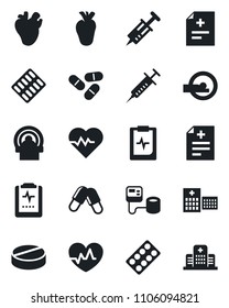 Set of vector isolated black icon - heart pulse vector, diagnosis, syringe, blood pressure, pills, blister, tomography, real, clipboard, hospital