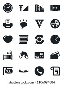 Set of vector isolated black icon - automatic door vector, phone, credit card, radar, plane, brainstorm, pills, heart, cellular signal, update, clock, pie graph, printer, sold signboard, jalousie