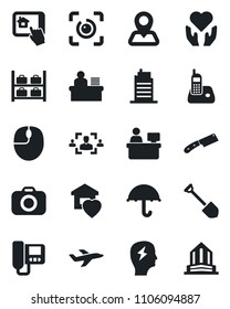 Set of vector isolated black icon - luggage storage vector, mouse, brainstorm, manager place, job, heart hand, navigation, plane, umbrella, camera, radio phone, eye id, hr, desk, sweet home, knife