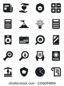 Set of vector isolated black icon - passport vector, mobile phone, calculator, document, well, heart diagnostic, hand, news, speaker, calendar, pie graph, estate search, insurance, home protect