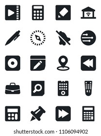 Set of vector isolated black icon - case vector, document search, pen, remote control, paper pin, fast forward, rewind, rec button, calculator, network, notes, mute, place tag, compass, video